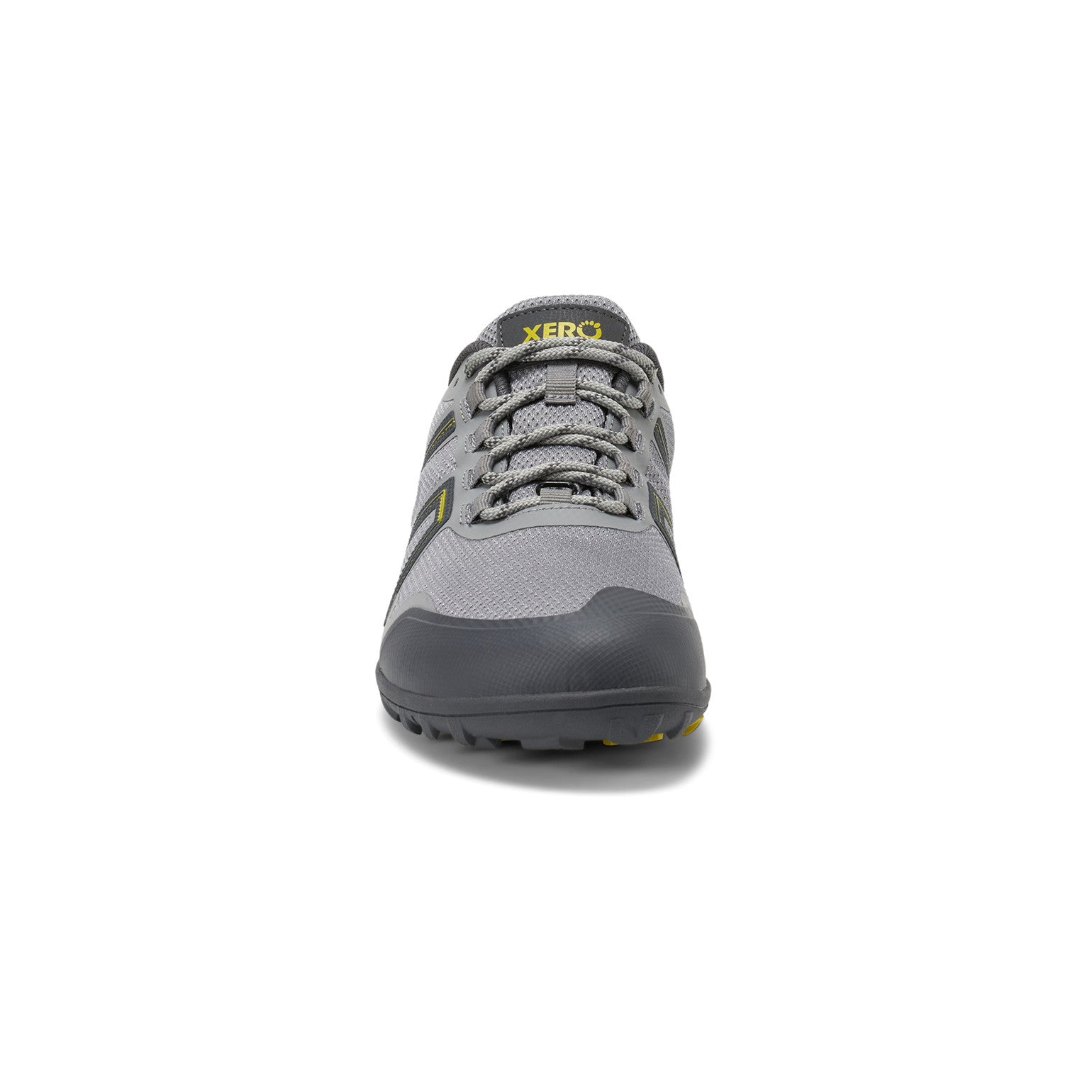 Frontansicht der wasserdichten Xero Shoes Mesa Trail WP Herren Barfußschuhe in Steel als Wanderschuhe im Onlineshop für Barfußschuhe