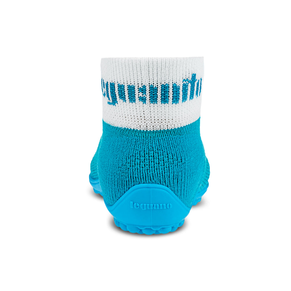 Leguanito Barfußschuhe für Kinder von Leguano in Türkis – Sockenschuhe, Rückansicht, erhältlich im barfussweltan.shop Barfußschuhe Onlineshop
