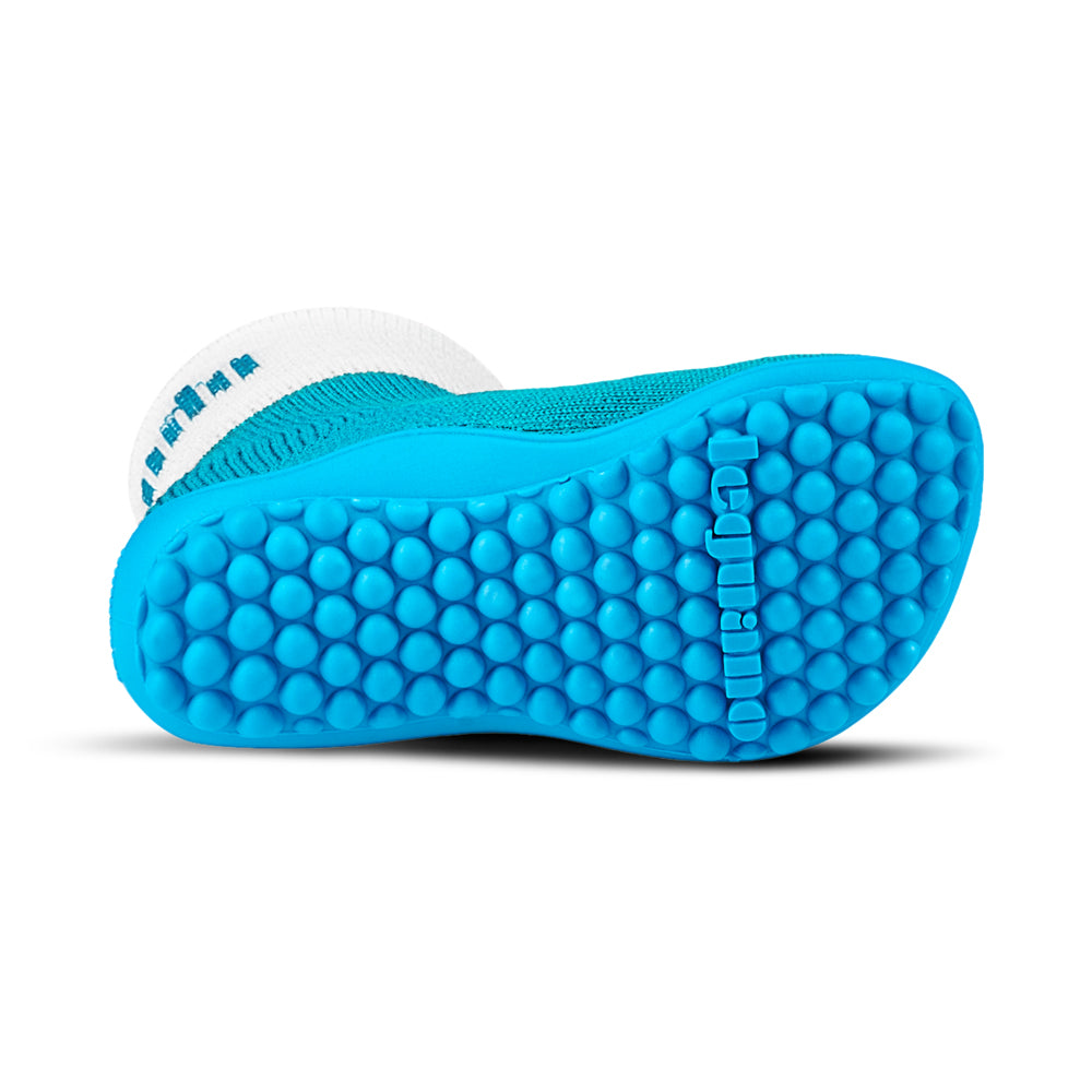 Leguanito Barfußschuhe für Kinder von Leguano in Türkis – Sockenschuhe, Unteransicht, erhältlich im barfussweltan.shop Barfußschuhe Onlineshop