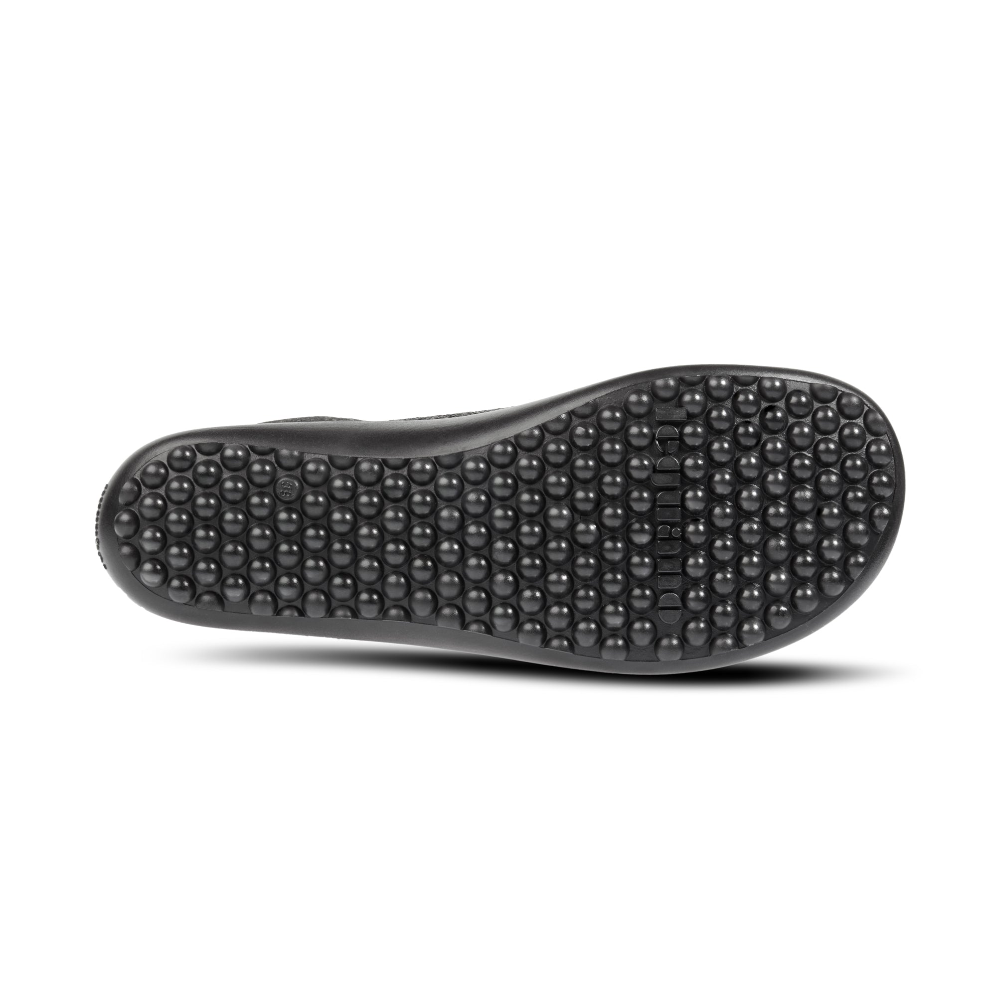 Leguano Go Mixed Black Barfußschuhe – Unteransicht. Die rutschfeste Sohle sorgt für sicheren Halt auf verschiedenen Oberflächen und trägt zur Ergonomie des Schuhs bei. Diese Schuhe sind ideal für den Alltag und fördern das natürliche Gehen. Jetzt im Onlineshop für Barfußschuhe erhältlich.