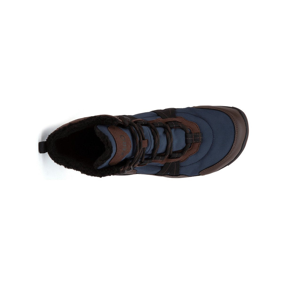 Xero Shoes Alpine Men Brown Navy Barfußschuhe Schneestiefel für den Winter, Ansicht von oben. Flexibler Winterstiefel in braun und navy, perfekt für kaltes Wetter und Outdoor-Aktivitäten. Erhältlich in unserem Onlineshop für Barfußschuhe.