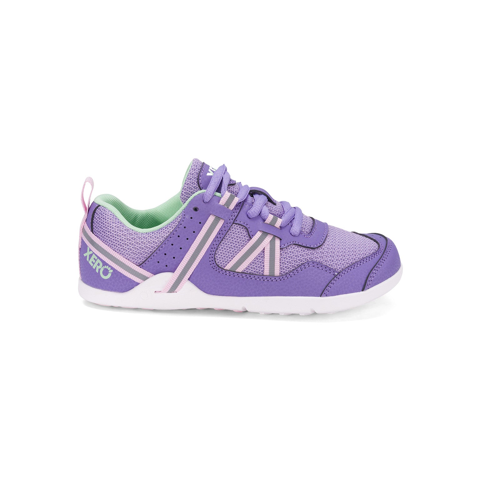 Rechte Seitenansicht der Xero Shoes Prio Barfußschuhe für Kinder in Lilac Pink im Onlineshop für Barfußschuhe, atmungsaktiv und flexibel