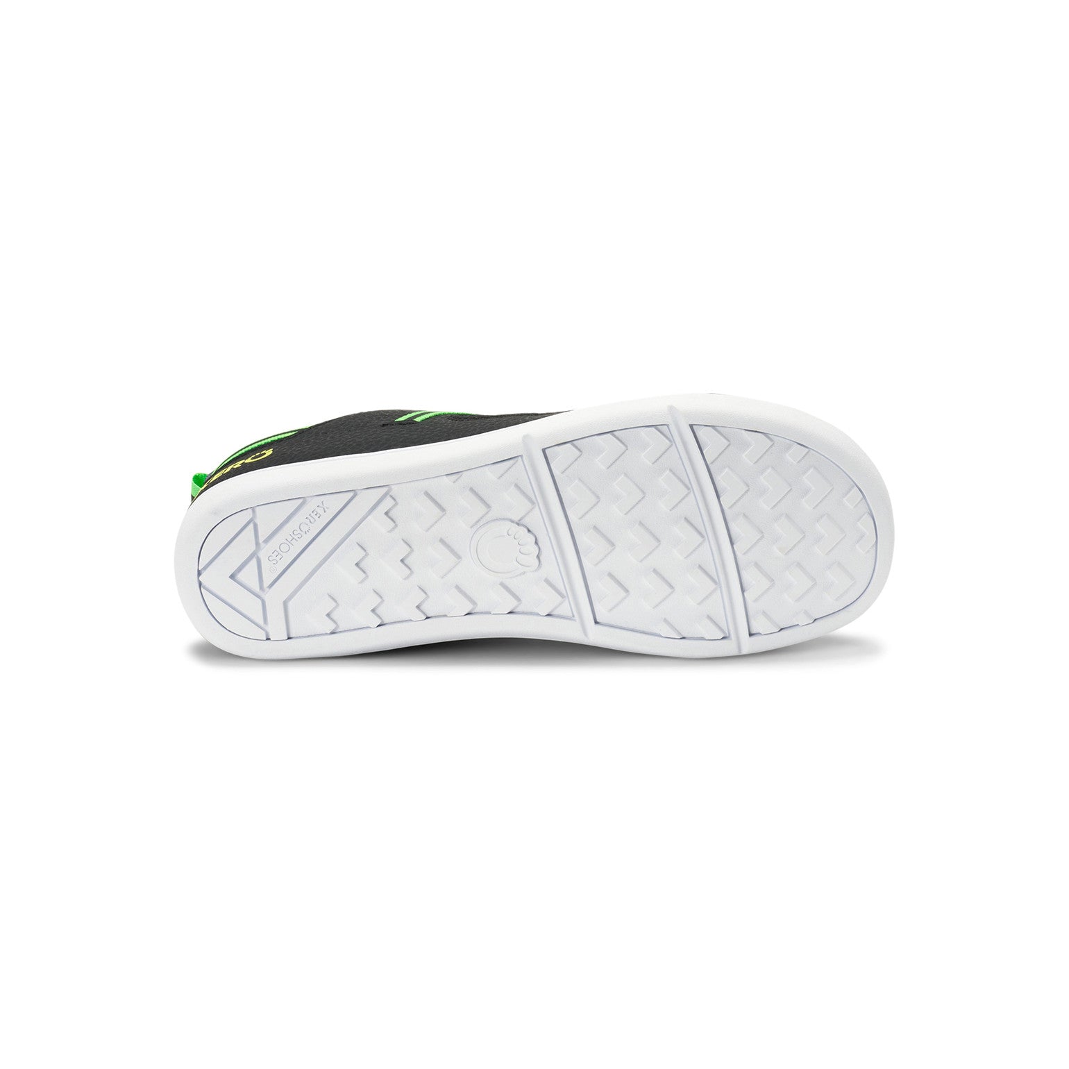 Die Xero Shoes Prio Youth in Schwarz und Lime als strapazierfähige Barfußschuhe für Kinder, Ansicht der Sohle, erhältlich in unserem Onlineshop für Barfußschuhe.