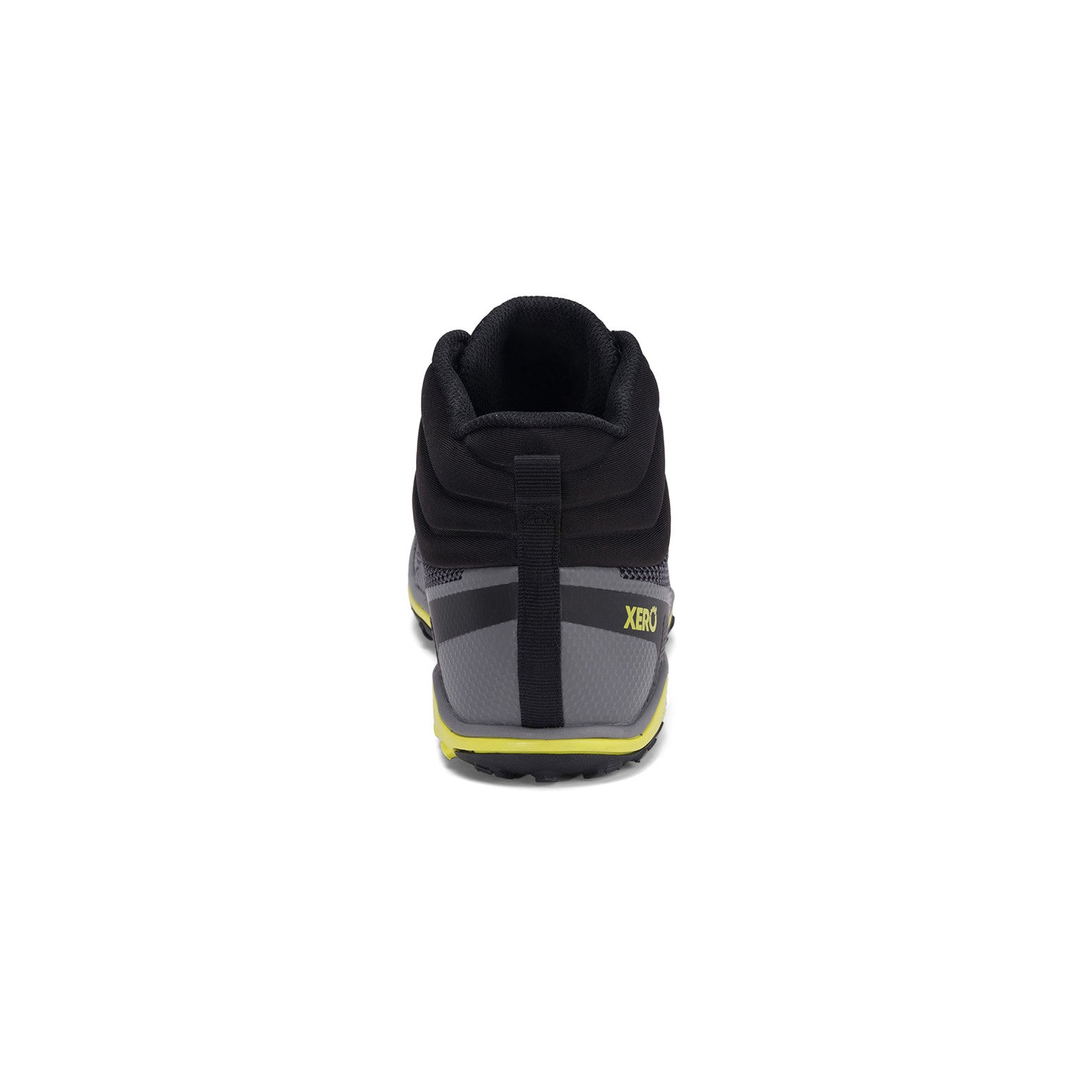Xero Shoes Scrambler Mid Barfußschuhe, Wanderschuhe für Herren, Rückansicht in Steel Gray Sulphur im Onlineshop für Barfußschuhe