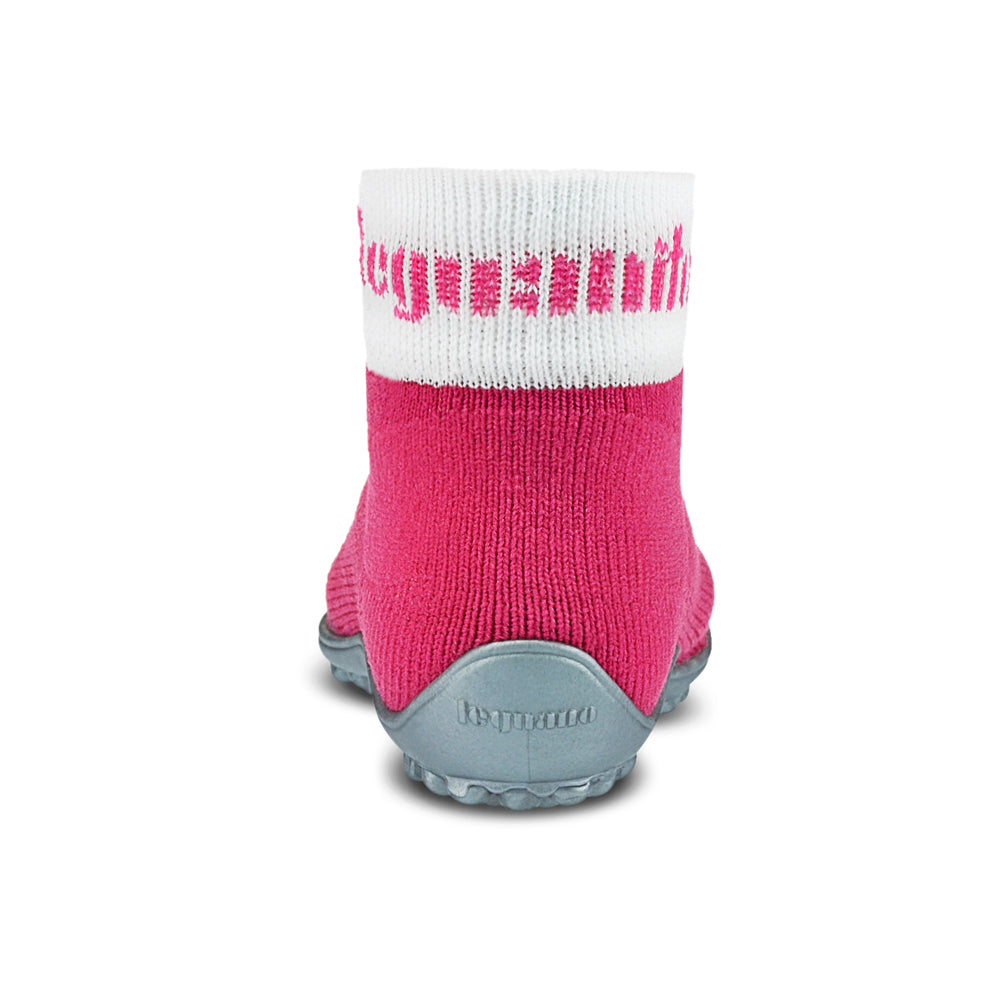 Leguanito Barfußschuhe für Kinder von Leguano in Pink – Sockenschuhe, Rückansicht, erhältlich im barfussweltan.shop Barfußschuhe Onlineshop