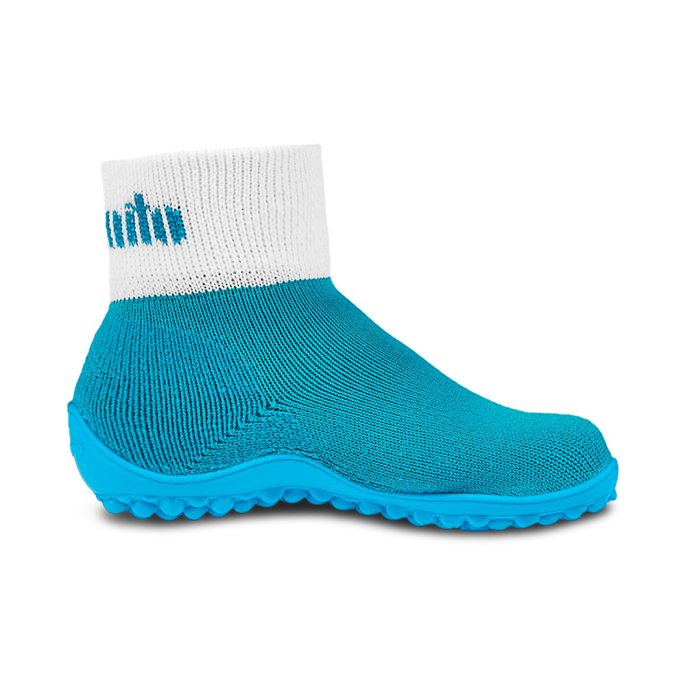 Leguanito Barfußschuhe für Kinder von Leguano in Türkis – Sockenschuhe, Seitenansicht von rechts, erhältlich im barfussweltan.shop Barfußschuhe Onlineshop
