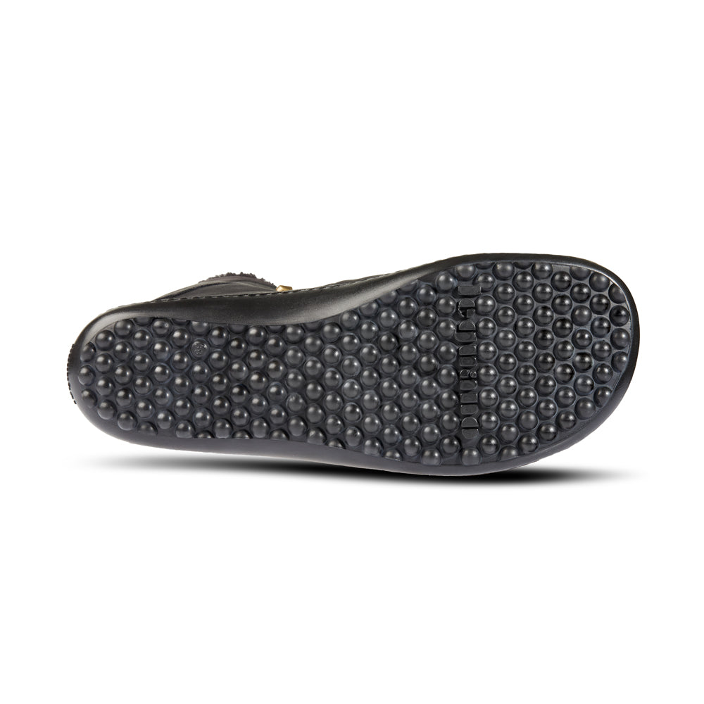 Leguano Husky Schwarz Barfußschuhe – Unteransicht. Diese robusten Winterschuhe bieten eine flexible Sohle, die sich perfekt an die Bewegungen Ihres Fußes anpasst. Die rutschfeste Unterseite sorgt für Sicherheit auf glatten Oberflächen, während das isolierende Material Ihre Füße warm hält. Ideal für kalte Tage und vielseitig einsetzbar. Jetzt im Onlineshop für Barfußschuhe erhältlich.